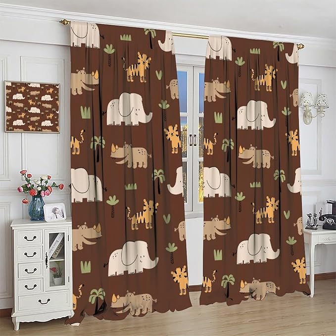 Jungle Safari Animals Blackout Curtains Cartoon Tropical Forest Animals Elephant Tiger Brown Art Print for Kids Boys Bedroom Nursery Rod Pocket Decoration Window Drapes 2 Panels W26xL84in