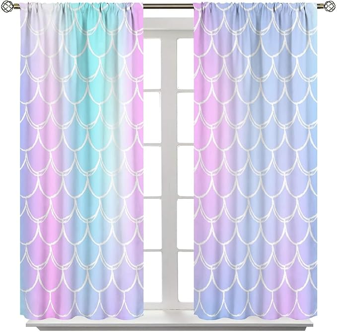 Fantasy Mermaid Curtain Rainbow Mermaid Scales Purple Pink Blue Ocean Theme Dream Blackout Window Treatment for Kids Boys Girls Bedroom Nursery Room Decor Rod Pocket Window Drapes 72x63in