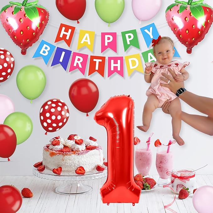 1st Strawberry Decorations for Girls, Red Pink Green Balloon With 40 Inch Number 1 Strawberry Foil Balloons Banner for Sweet One Baby Shower Berry First Birthday Party