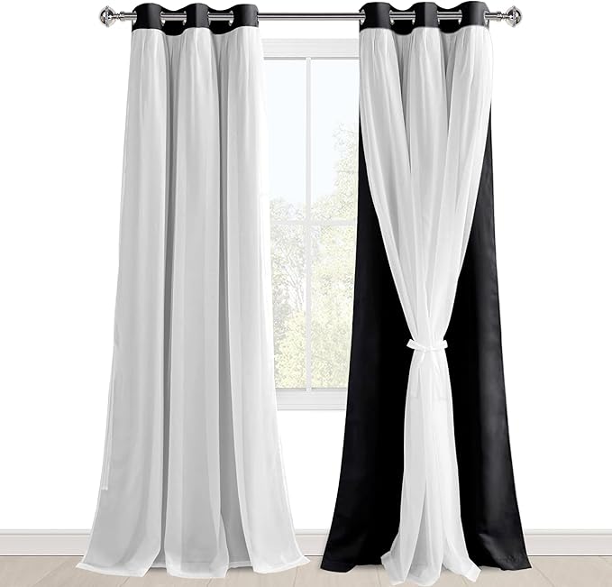 Hiasan Blackout Curtains with Sheer Overlay Double Layer Mix and Match Window Curtains for Bedroom Living Room Thermal Insulated Panels with Tiebacks Grommet Top, Black,2 Panles, 42W X 96L