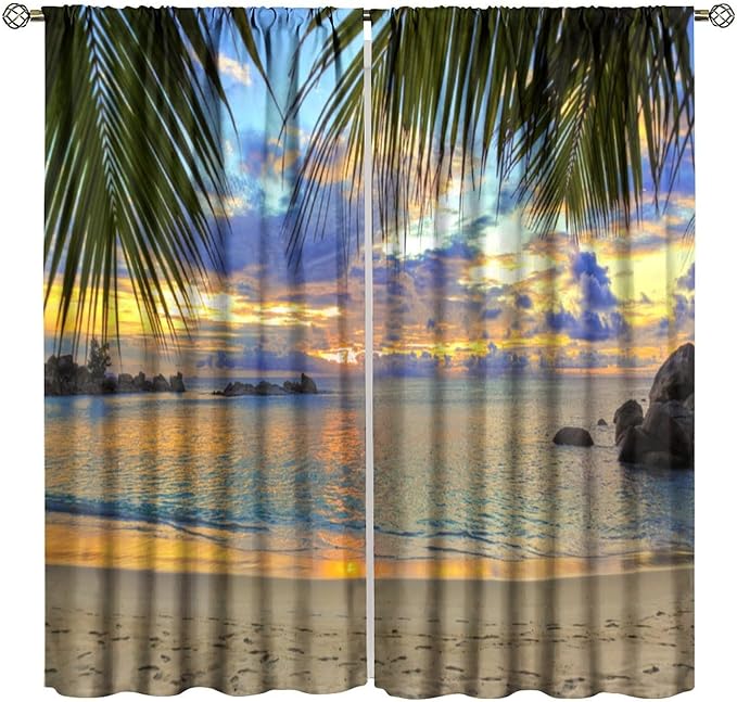 Ocean Beach Curtains,Sunset on Beach in The Evening Hawaiian Seaside Scene Pattern Blackout Print Home Bedroom Living Room Window Treatments 2 Panel Set 52x84 Inch