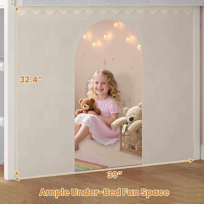 BTHFST Twin Size Loft Bed for Kids, 8 Storage Drawers & LED Lights, House Shaped Metal Bed with Bookcase, Soft Foam Ladder, 13.4" Safety Guardrail, Space Saving, Fun Curtain