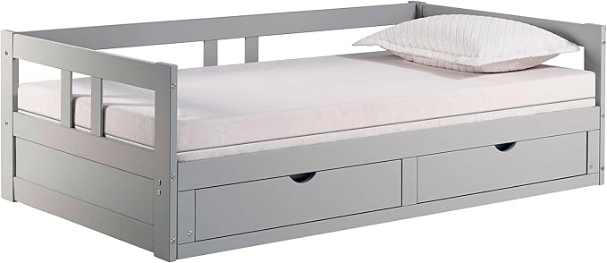 Alaterre Furniture Melody Twin to King Extendable Daybed with Trundle and Storage Drawers – Solid Brazilian Pine Wood with 400lb Capacity for Kids, Guest, or Small Bedroom (Dove Gray)