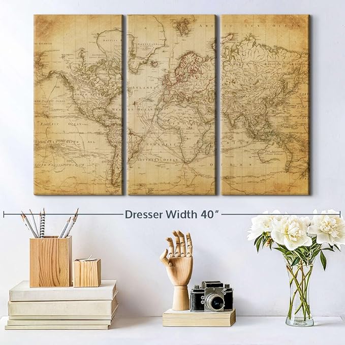 ElephantStock Old Century World Map Wall Art Multi Piece Canvas - 3 Piece Canvas World Map Wall Decor - Decor Ready-to-Hang Print - Vintage Wall Art - 33" X 20"