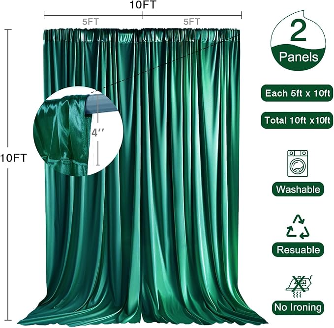 10x10ft Wedding Curtains Emerald Green Wedding Backdrop for Ceremony Prom Stage Backdrop Satin Fabric Curtain Drapes Curtains Panels with Rod Pockets W5' x H10'2 Panels YUNBSDJ173