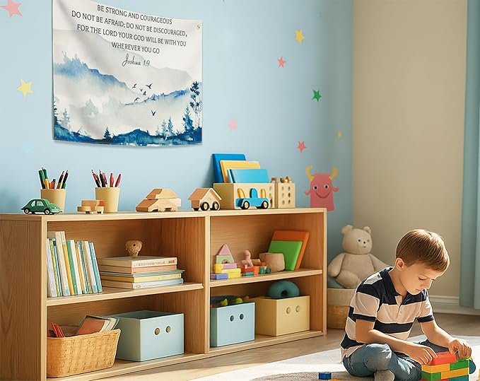 Christian Bible Verse Scripture Rectangular Banner Flag Sign Wall Decor Gift for Baby Boy Girl Kid,Nursery Bedroom Reading Room Decor-Be Strong and Courageous-Baby,Shower Birthday Christmas Gift