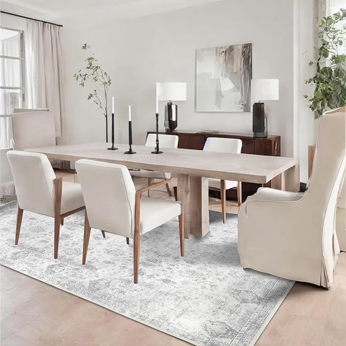 Washable 10×12 Area Rugs for Living Room, Vintage Floral Rug Soft Non Slip Stain Resistant Boho Carpet for Bedroom Dinning Room Kitchen Home Office Grey