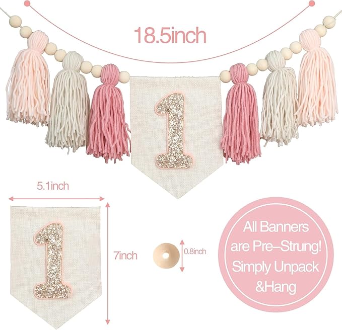 Handmade Boho Pink 1st Birthday High Chair Banner First Highchair Banner For Baby Girls Wall Hangings Wood Bead Tassel Garland 1 Birthday Party Decorations Cake Smash Photo Props