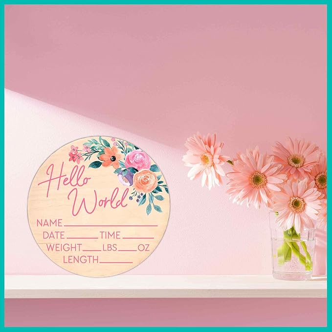 Hello World Newborn Sign - Baby Name Birth Announcement Plaque for Hospital - Photo Prop - Floral Pink Nursery Decor - Shower Gift