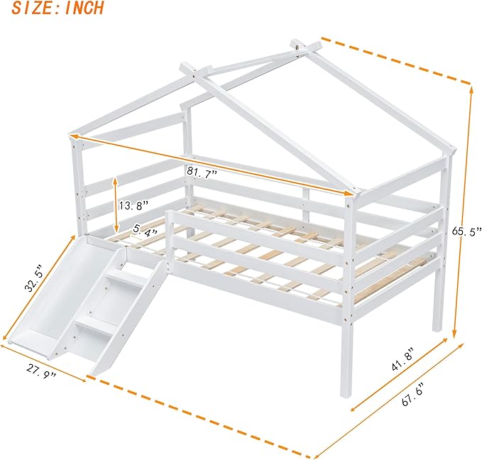 Twin Size Low Loft Bed with Slide and Ladder for Kids Boys Girls, Solid Wood House Roof Loft Bed Frame with Safety Guardrails, Sturdy Slat Support (White-50)