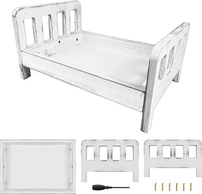 Newborn Photography Props Bed Old-Fashioned Craftsmanship Newborn Photo Props Retro Old Style Baby Photo Props Wooden Bed Infant Photoshoot Props Studio Baby Doll Bed Wooden Play Bed for Dolls, White