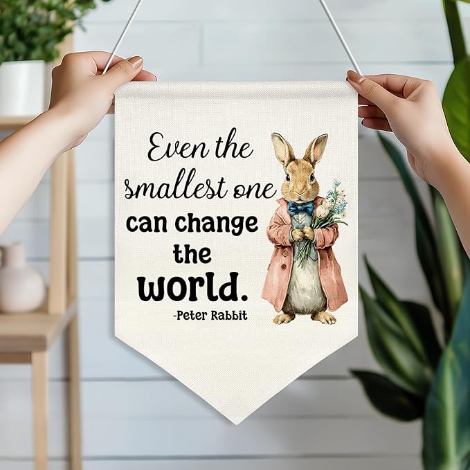 Retro Rabbit Wall Hanging Banner-Even the Smallest One Can Change the World- Canvas Poster,Inspirational Decor for Kids Room,Nursery, Newborn Gift from Parents or Grandparents(KD31)