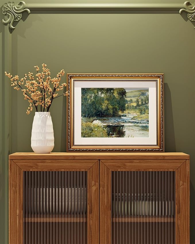 ARPEOTCY Vintage Gold Framed Wall Art, Nature Streamside Retro Paintings, Canvas Prints Artwork with Antique Frame, Victorian Wall Pictures Decor for Living Room Gallery Room 13x16 inch