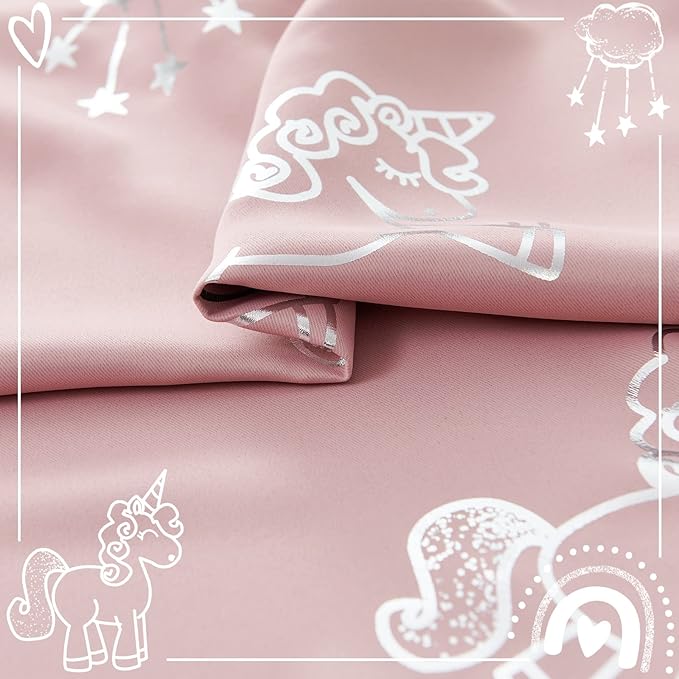 jinchan Pink Blackout Unicorn Curtains for Girls Kids Room Thermal Insulated Room Darkening Rainbow Curtains for Girls Bedroom Living Room Silver Foil Printed Grommet 63 Inches Long Pink 2 Panels