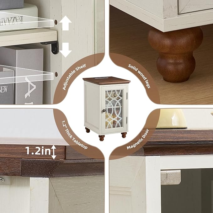 Narrow Side Table Set of 2 with Glass Door, 18 x 14'' Night Stand with Adjustable Shelf Storage Cabinet Organizer, Bedside End Tables Wood Nightstand for Small Spaces Living Room Bedroom
