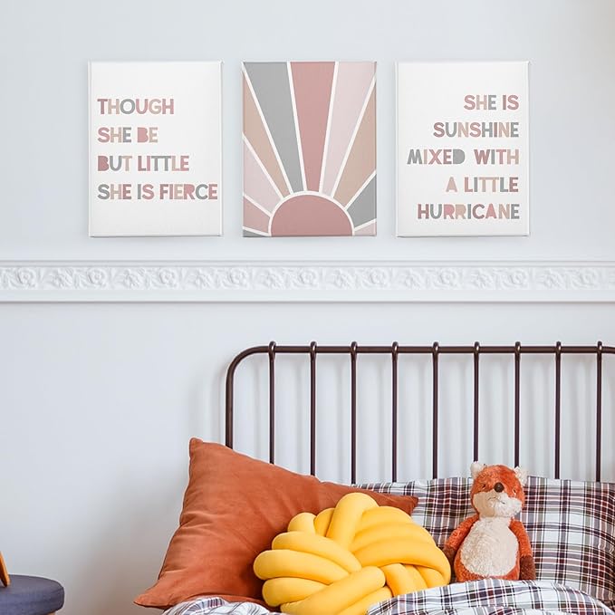 PHAMTE Nursery Boho Girls Bedroom Wall Art Decor Set of 3, She is Sunshine Mixed with a Little Hurricane Sunshine Sun Print Framed Canvas Painting Artwork for Room Bedroom Home Playroom(11x14 Inch)