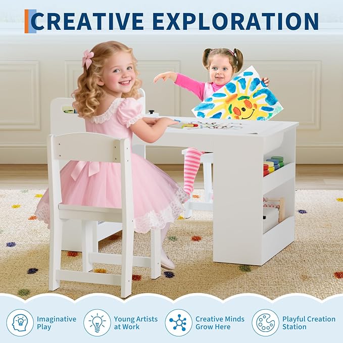 Kids Art Table and 2 Chairs, Craft Table with Large Storage Shelves,Toddler Wooden Drawing Desk Activity & Crafts Children's Wooden Furniture for Classroom Daycares,Home