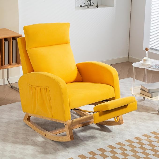 Rocking Chair Nursery Glider Chair with Foot Rest, Nursery Rocking Chairs with Rubber Wood Legs Side Pocket, High Back Nursing Chair, Accent Rocker Arm Chair Baby Bedroom, Living Room, Yellow