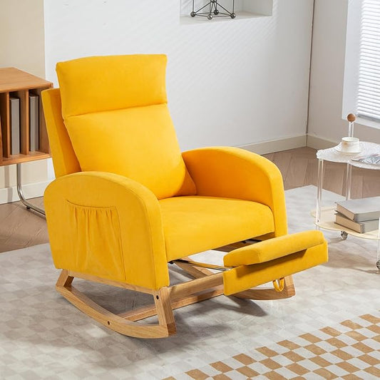 Rocking Chair Nursery Glider Chair with Foot Rest, Nursery Rocking Chairs with Rubber Wood Legs Side Pocket, High Back Nursing Chair, Accent Rocker Arm Chair Baby Bedroom, Living Room, Yellow