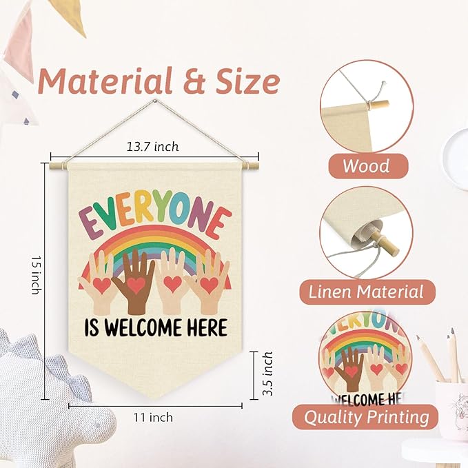 Classroom Door Wall Decorations, Inspirational Diversity Linen Canvas Banner, Everyone Is Welcome Inclusive Equality Wall Hanging Pennant Flag Banner, School Counselor Office Must Haves, 15x11in