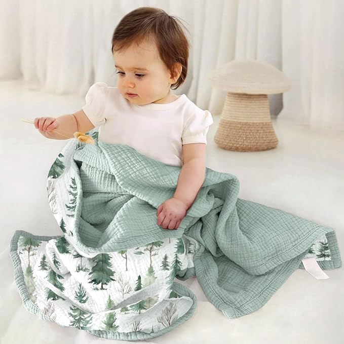 lulumoon Muslin Baby Blanket Neutral: Lightweight Cotton for Toddler - Ideal for Christmas & Registry Gift 47" x47(Pine Forest)