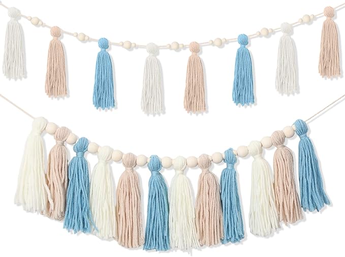 2 Pcs Tassel Garland with Wood Beads, Handmade Cotton Yarn Wall Hanging Banner Boho Tassel Wall Hanging Party Decor for Nursery, Birthday Baby Shower Home Classroom Decoration(Brown Series)