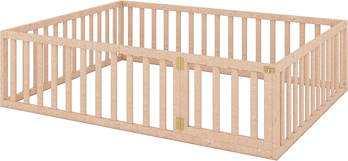 Bellemave Montessori Floor Bed Frame with High Fence and Door, Queen Floor Bed for Kids, Girls & Boys, Easy Assemble Montessori Beds Queen Size, Natural
