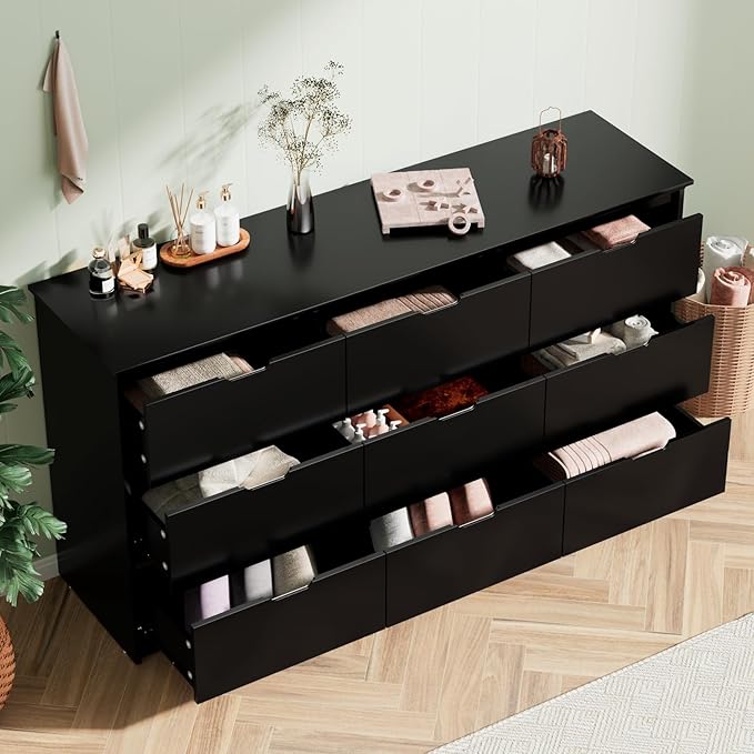 CARPETNAL 9 Drawer Black Dresser for Bedroom with Deep Drawers, Large Dressers & Chest of Drawers Handle Free, Modern Long Dressers for Closet Bedroom, Living Room (59.25" W x 15.9" D x 31.9" H)