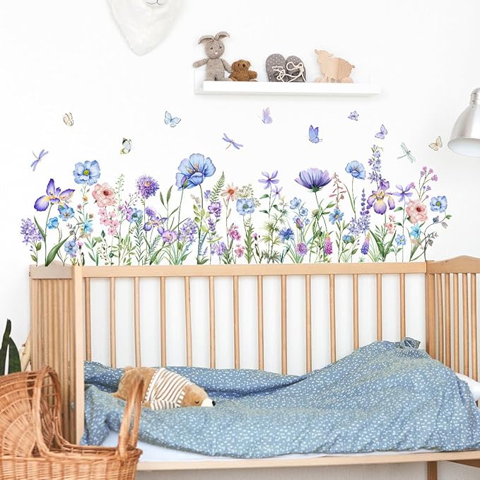 2 Pieces Purple Flowers Wall Decals Vinyl Purple Flowers Wall Stickers Removable Floral Art Murals Peel and Stick Colorful Decor for Girls Bedroom Living Room Nursery