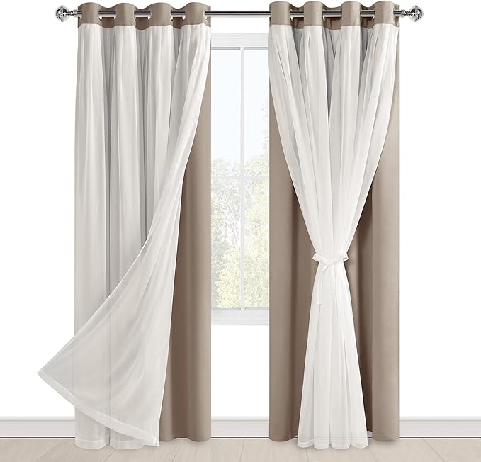 Hiasan Camel Blackout Curtains with Sheer Overlay, Grommet Thermal Insulated Privacy Mix & Match Double Layer Room Darkneing Curtains for Bedroom, Living Room, 2 Window Panels with Tiebacks, 52W X 84L