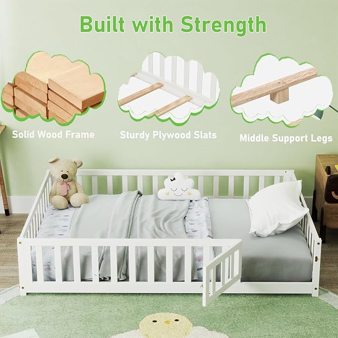 KOMFOTT Full Size Wood Floor Bed with Door & Fence, Montessori Bed Frame with Full Length Safety Guardrails, Slats Support, Door & Latch, Wooden Montessori Floor Bed, No Box Spring Needed (White)
