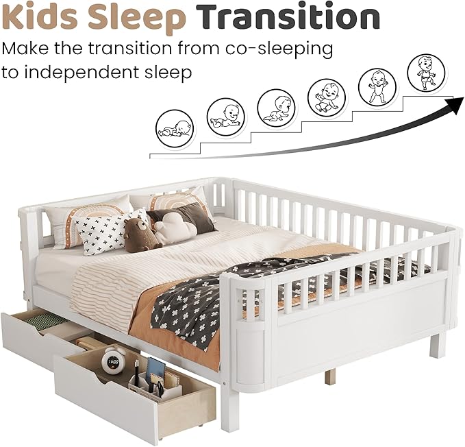 Full Size Kids Bed Frame with Rails, Wood Montessori Bed Full with 2 Storage Drawers &Slats Support, Modern Daybed with Removable Bed Rails for Girls Boys Bedroom Living Room, White