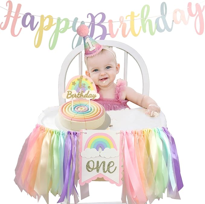 Macaron Pastel Rainbow High Chair Banner for 1st Birthday Decorations First One Birthday Party Girl with Cake Topper