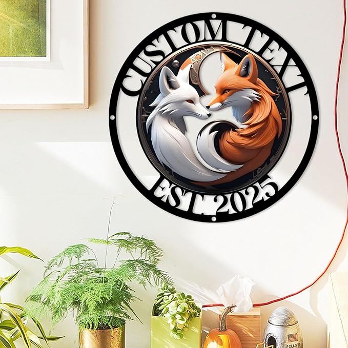 Personalized Fantasy Fox Couple Metal Sign – Mystical White & Orange Foxes Under Moonlight – Custom Name & Est. Date – Enchanted Wall Art for Bedroom, Porch, or Gift