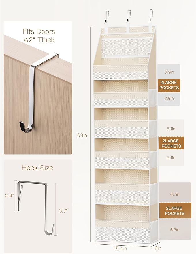 Criusia Over the Door Organizer, 6-Shelf Closet Hanging Storage with 13 Mesh Pockets, 55lbs Capacity Behind the Door Storage for Baby Nursery, Bathroom, Bedroom, and Dorm, Beige