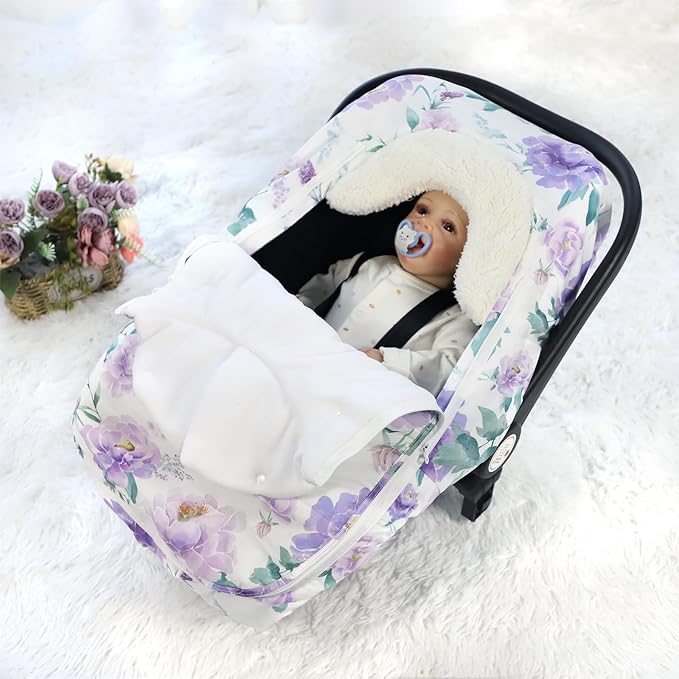 Winter Car Seat Cover for Babies Girl Boy, Super Warm Plush Fleece Infant Carseat Cover for Stroller Car Seat, Double Sides Zipper Winter Car Seat Canopy for Newborn, Purple Floral