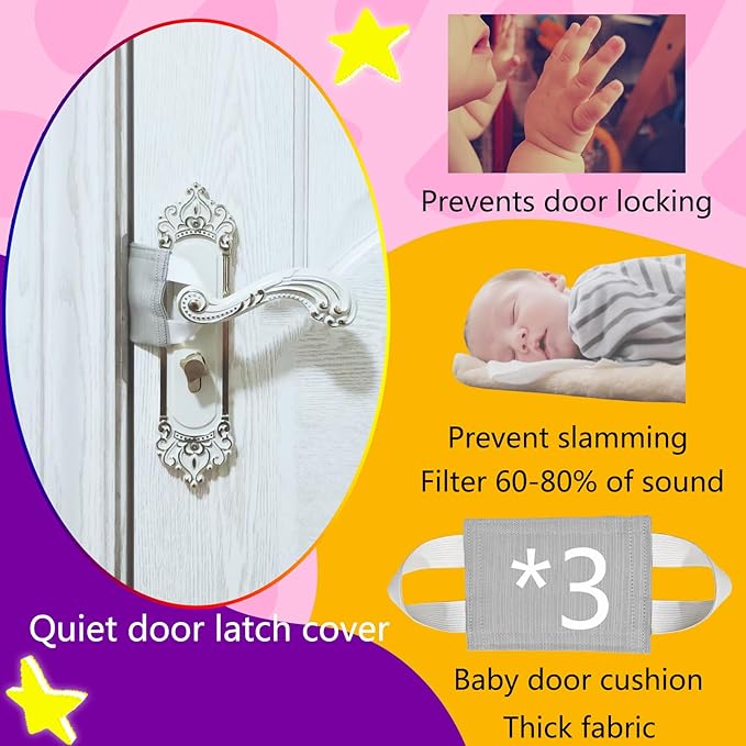 Door Silencer & Baby Door Latch Cover - Quiet Close Cushion Pads Prevent Slamming & Locking, Noise-Reducing Door Closer for Toddler Safety (3-Pack, Light Gray, 4.1x3.1in)