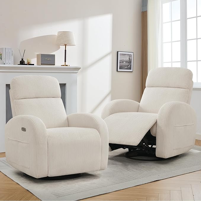 Power Nursery Glider Recliner, Swivel Glider Recliner with USB & Type-C Port, Swivel Reclining Nursery Rocker with Double Pockets for Living Room, White,Corduroy