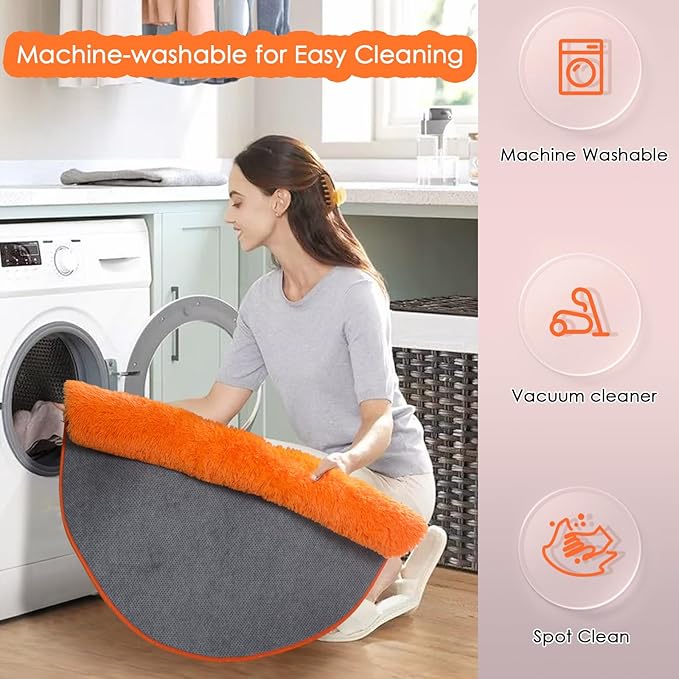 Amdrebio Orange Round Circle Rug 4Ft for Bedroom Living Room, Fluffy Fuzzy Area Rugs for Kids Room Decor Aesthetic, Cute Furry Plush Shag Carpet for Toddler Teen Girls Boys Baby Nursery Dorm Playroom