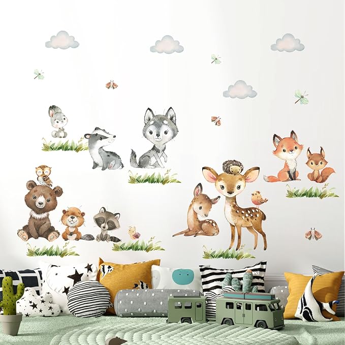 Tanlaby Jungle Animals Wall Stickers Forest Animal Wall Decals Cute Fox Bear Giraffe Self-Adhesive Mural Removable Wall Art Sticker for Baby Nursery Kids Bedroom Playroom Daycare Classroom Decor