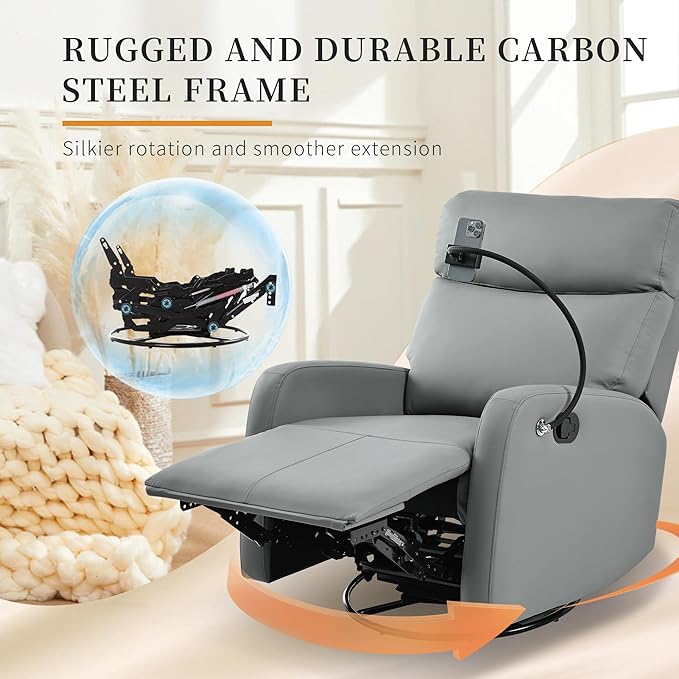 Swivel Rocker Recliner Chair for Nursery, Upholstered 360° Leather-air Glider Rocking Chair with Phone Holder, Manual Small Recliners for Small Spaces Living Room