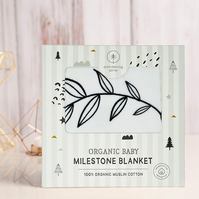 Pondering Pine Organic Baby Monthly Milestone Blanket Boy or Girl - Months Blanket with Wood Frame and Newborn Announcement Disc - Growth Chart for 1-12 Month Milestones, Gender Neutral, 47”x47”