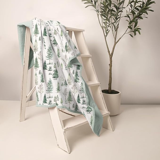 lulumoon Muslin Baby Blanket Neutral: Lightweight Cotton for Toddler - Ideal for Christmas & Registry Gift 47" x47(Pine Forest)