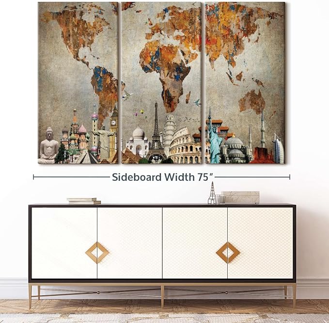 ElephantStock Rusty World Map Multi Piece Canvas - 3 Piece Canvas World Map Wall Decor - Wall Decor - Ready-to-Hang Print - Vintage Wall Art - 74" X 48"