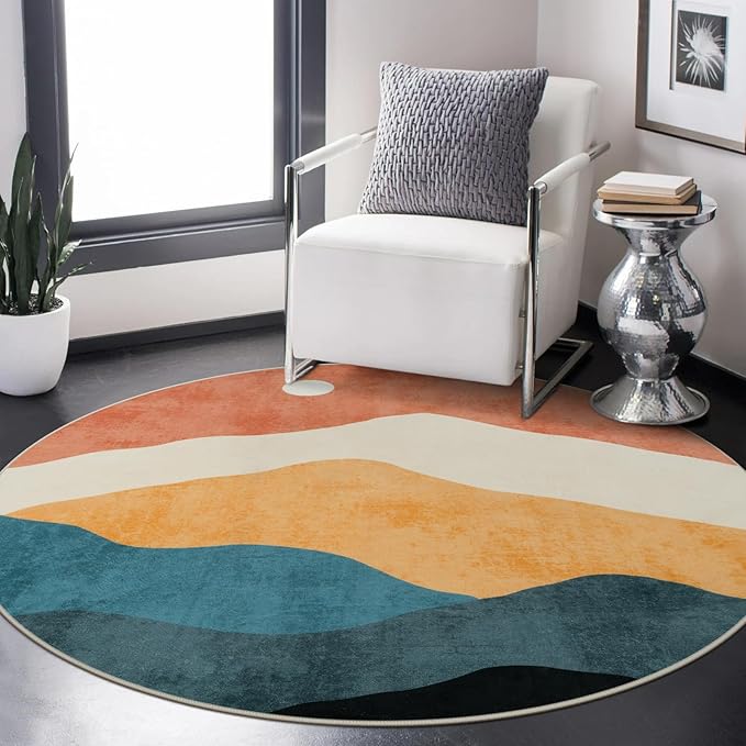 5 ft Abstract Round Rugs for Bedroom, Washable Non-Slip Circle Rug, Soft Colorful Low-Pile Floor Mat, Lightweight Indoor Throw Rugs for Living Room, Kidsroom, Entryway, Dining Room, Foyer