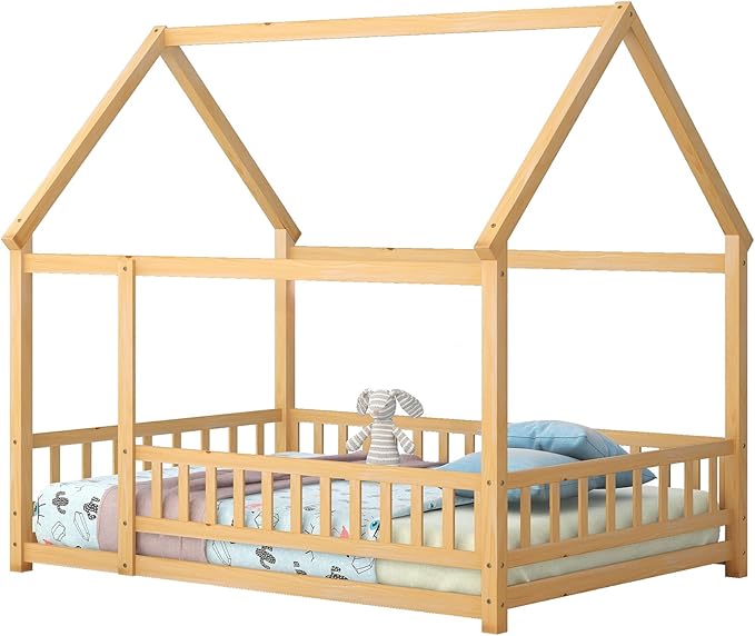 Bellemave Full Size House Bed for Kids,Solid Wood Floor Bed, Montessori Floor Bed with Fence and Roof,Playhouse Full Bed Frame for Girls,Boys(Full,Natural)
