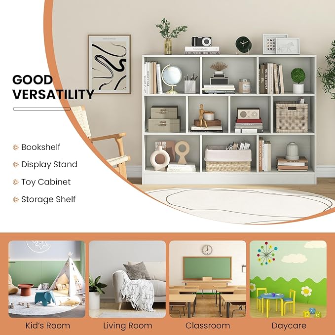 Costzon 10-Cube Bookshelf for Kids, Wooden Toy Storage Organizer w/ 2 Anti-Toppling Kits, 3 Tier Open Shelves & Non-Slip Foot Pads, Montessori Toy Shelf for Kids Rooms, Playroom, Classroom, Nursery