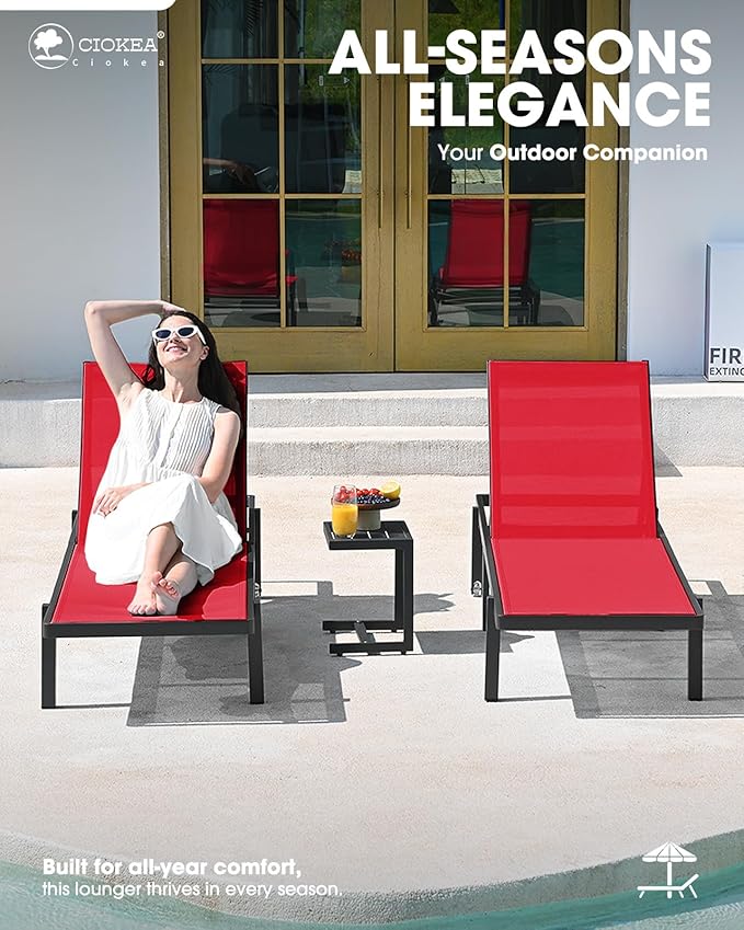 Ciokea Patio Chaise Lounge Chair Set of 2, Outdoor Lounge Chairs with Wheels, 5-Position Adjustable Sun Loungers for Pool, Deck, Beach,Red