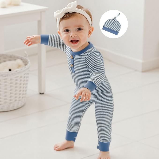 Infant Boys Fall Clothes Newborn Baby Romper Hat Stripe Knit Long Sleeve Bodysuit Jumpsuit Baby Going Home Outfit