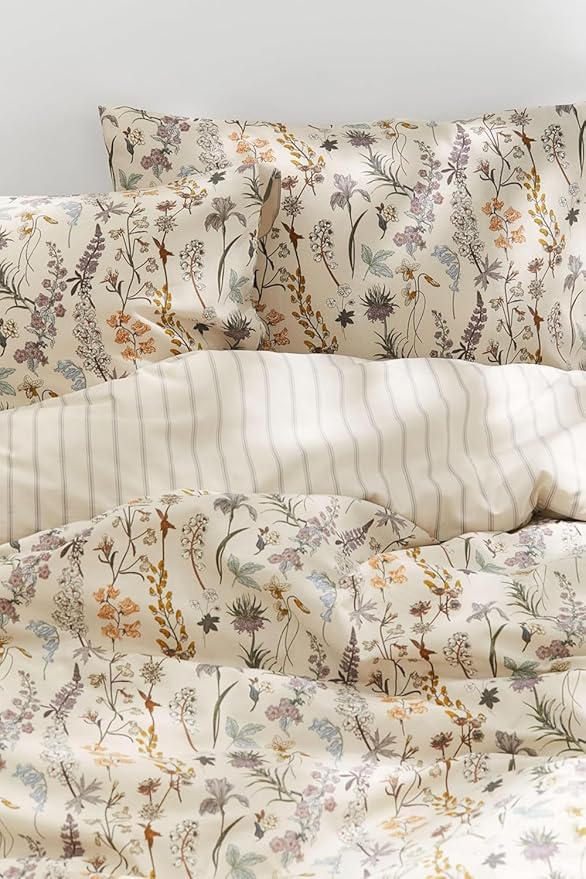 Floral Duvet Cover Full 3 Pieces Aesthetic Reversible Striped Bedding Set Farmhouse Botanical Flowers Design Soft Washed Microfibre,1 Beige Duvet Cover with 2 Pillowcases